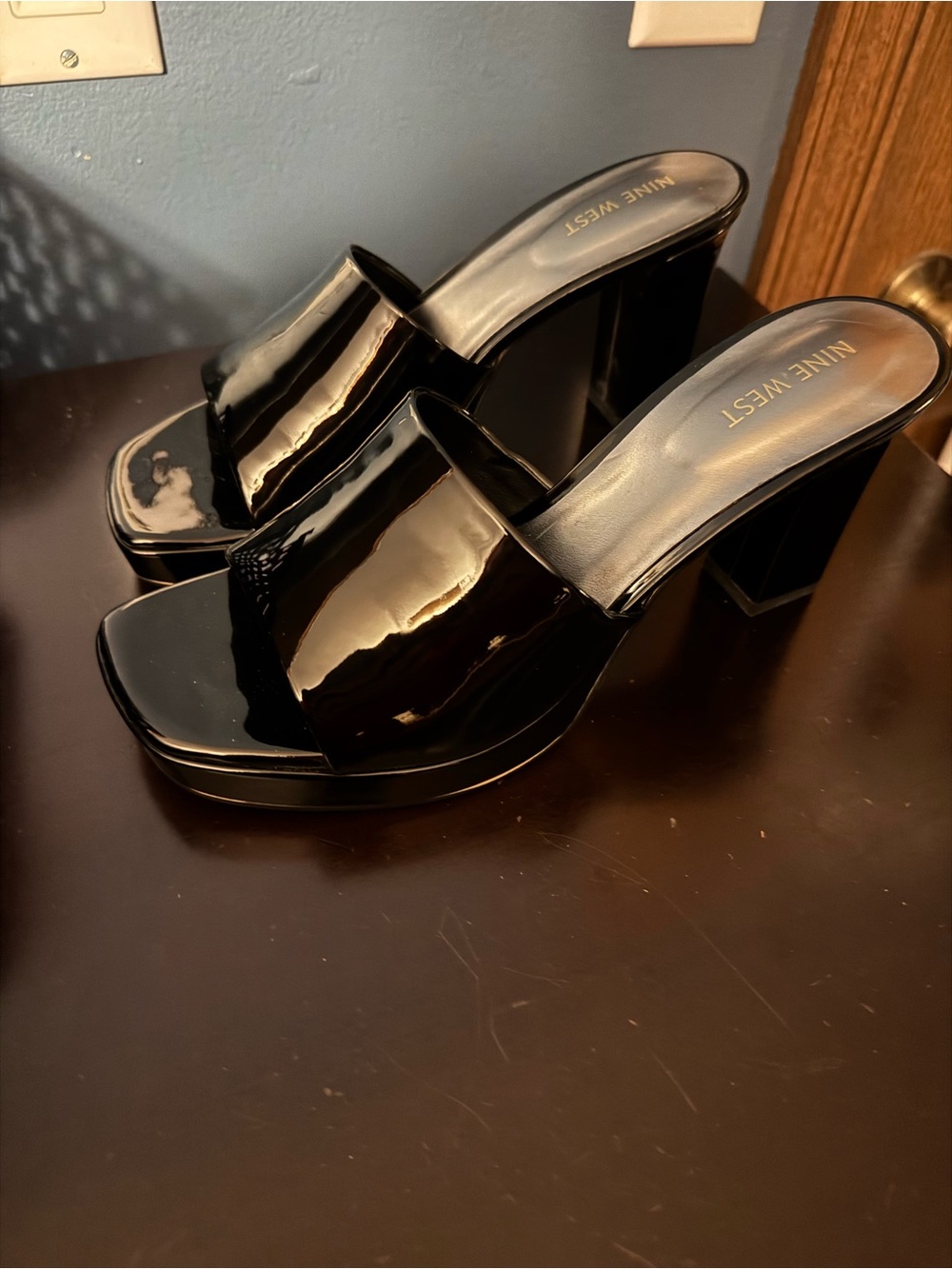 Nine West Black Patent Platform Block Heel Mules